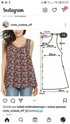 an image of a woman's blouse pattern on the instagramm page, with measurements