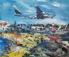 a painting of an airplane flying over a city with people walking on the street below