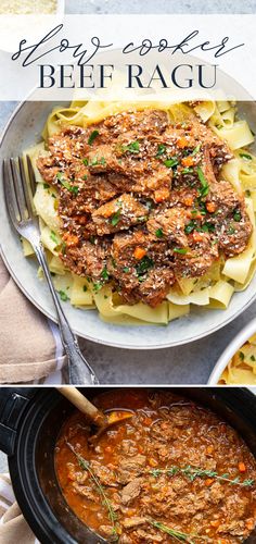 beef ragu in a slow cooker with text overlay