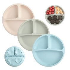 three plates and one bowl are shown with different food items in them, including raspberries, chocolates, and cookies