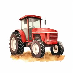 a red tractor is parked in the middle of a field with grass on it's side