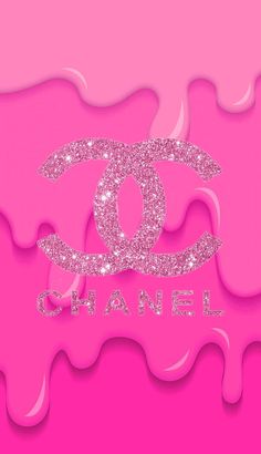 the chanel logo is shown on a pink background with shiny glitters and bubbles