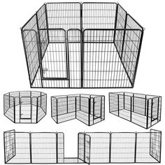 four different types of dog kennels with the doors open and one door closed