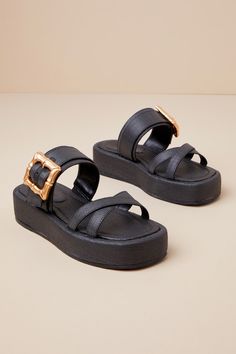 When you want to make a chic impression this season, you'll always reach for the Schutz Lola Black Buckle Flatform Slide Sandals! These summery, woven straw sandals boast a squared toe bed, slender crisscrossing toe-straps, and a wide, adjustable vamp strap that secures with a chunky, gold bamboo-inspired buckle. The 1.5"" flatform sole lends a trendy touch, while the effortless slide-on design allows for simple styling! 1. 5" flatform sole. Flat insole. Rubber sole has nonskid markings. Man mad Straw Sandals, Lulu Fashion, Chunky Shoes, Flatform Sandals, Slide Sandals, Apparel Accessories, Rubber Sole, Shoes Sandals, Buckle