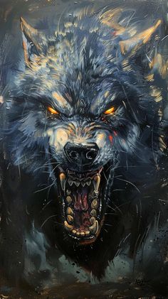 a painting of a wolf with its mouth open and glowing yellow eyes on it's face