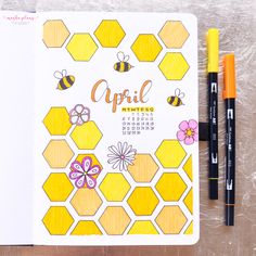 Spring Doodles Bullet Journal, Bee Journal Theme, Bee Theme Bullet Journal, April Spreads Bullet Journal, Bujo Spring Theme, Spring Bullet Journal Theme, Bujo Bee Theme, Bee Bujo, Doodle Themes