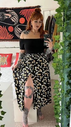 Plus Size Outfits Long Skirt, Plus Size Edgy Outfits Summer, Mid Size Easter Outfit, Alternative Sundress, Curvy Vintage Outfits, Aline Outfits, Size 16 Outfit Ideas, Curvy Witchy Outfits, Plus Size Outfits Alt