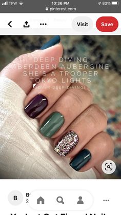 Multi Colored Winter Nails, Color Street Loch Ness Monstress Combo, Color Street Nails Halloween Combos, Winter Nail Color Combos, Green Nail Dip Ideas, Gel Overlay Nails Design Fall, Christmas Colors For Nails, Purple And Green Fall Nails, Fun Nail Color Combos