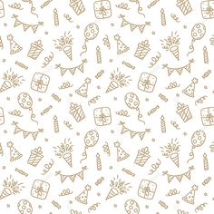 a white background with brown doodles and birthday items on it, including candles, cake,