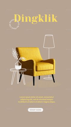 a yellow chair sitting next to a table with a lamp on it and the words dingk