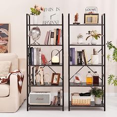 two bookshelves in the corner of a room with plants and pictures on them