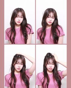 four pictures of a woman with long hair and pink shirt, posing for the camera