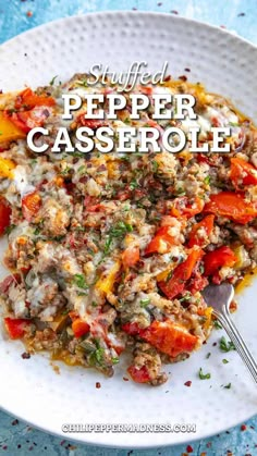 stuffed pepper casserole on a white plate with a spoon in it and the title overlay reads stuffed pepper casserole