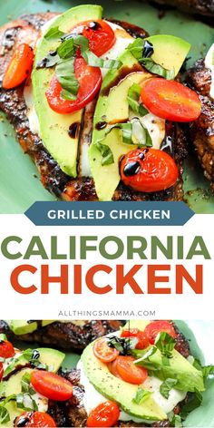 the best grilled chicken with avocado and tomatoes is on a green plate