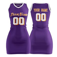 Shop custom purple basketball jersey dress for women and girls at Jersey One. The jersey dresses are made from durable, quick-dry, and breathable polyester fabric, they are perfect for daily, parties or outfitting your team. Embroidered Tracking Twill The team name, player name, and player number are embroidered, making the jersey durable, breathable, and stylish. Design Your Own You can also customize the design of our basketball jersey dress template. For example, you can change the font and o Fitted Sleeveless Cheerleading Dress, Gold Basketball Jersey, Basketball Jersey Dress, Purple Basketball Jersey, Basketball Dress, Dress Template, Dress Templates, Purple Basketball, Jersey Outfits