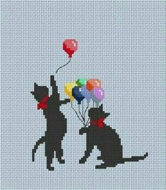 a cross stitch pattern with two dogs holding balloons in the shape of a cat and dog