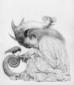 a pencil drawing of a man with a bird on his hand and a snake in the other hand