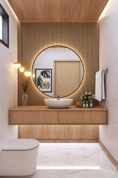 a white toilet sitting under a bathroom mirror next to a wooden shelf with potted plants