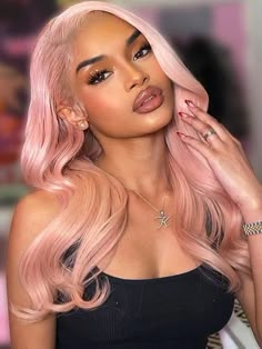 Product Details Hair Detail Regular Transparent 13x4 lace Frontal wig Cap size 22.5 with adjustable straps and clips Wig length 8 10 12 14 16 18 20 22 24 26 28 30 inch Hair Material 100% human unprocessed hair Parting Natural part in any direction Hair Texture Body Wave Density 180% 200% 250% Note: 1. This is A Customized Product. Processing Time is 3-7 Working Days 2. Accept customized order, email us your need, cap size, color etc. Pretty wig With Classic Wavy Look The Lemonade Pink color is u Pink Blonde Hair Rose Gold Black Women, Black Women Colored Hair, Platinum Pink Hair, Ginger Hair With Pink Highlights, Pink Hair Black Women, Frontal Ideas, School Baddie, Bday Hair, Pastel Wig