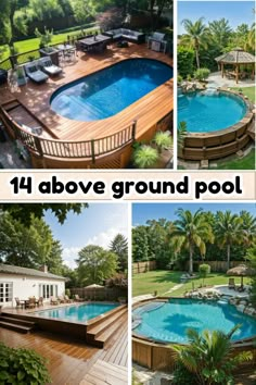 an above ground pool surrounded by wooden decking