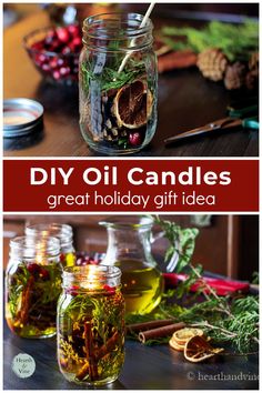 two jars filled with different types of candles and herbs on top of a wooden table