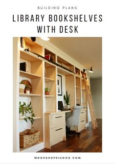 the library shelves with desks are organized and ready to be used for bookshelves