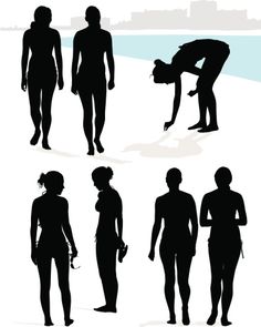 the silhouettes of people in different poses on a beach, one standing and one sitting