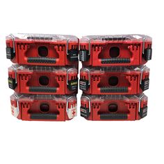 six red plastic boxes with black handles and holes on each side, all stacked together