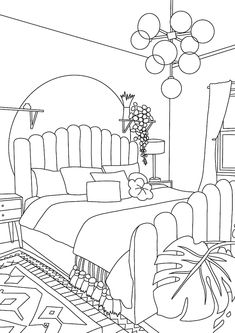 a black and white drawing of a bedroom with a bed, nightstands, lamps and curtains