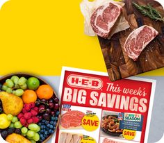 the cover of this week's big savings magazine next to a bowl of fruit and meat