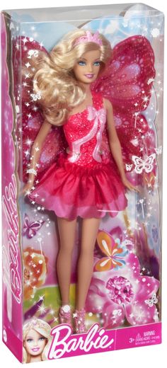 barbie doll in pink dress with butterfly wings