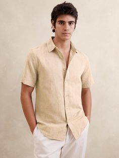 Slim Linen-Blend Shirt | Banana Republic Factory Beige Camp Collar Shirt With Button Closure, Beige Camp Shirt With Button Closure, Beige Camp Shirt With Button Closure And Camp Collar, Beige Camp Shirt With Camp Collar And Button Closure, Casual Beige Short Sleeve Shirt With Camp Collar, Beige Button Closure Shirt For Summer, Beige Summer Shirt With Button Closure, Classic Collared Short Sleeve Shirt For Beach, Casual Beige Button-up Camp Shirt