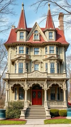 an old victorian style house with red roof