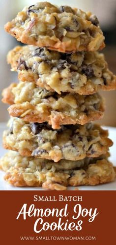 several cookies stacked on top of each other with the words small batch almond joy cookies