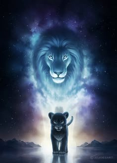 the lion and the cub are standing in front of an open space with stars on it