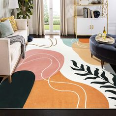 a living room with a colorful rug on the floor