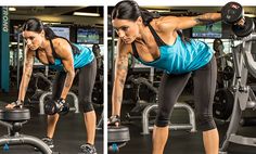 a woman doing squats with dumbbells in a gym setting, and another photo of the same woman working out