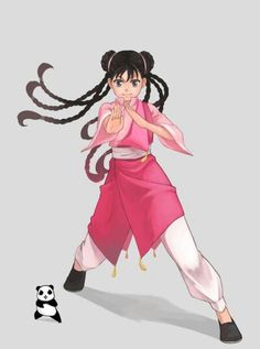 an anime character with long black hair and pink outfit, standing in front of a panda bear