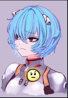 an anime character with blue hair and white skin is looking at the camera while holding a smiley face