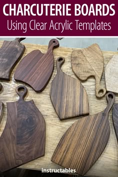 wooden cutting boards with text overlay that reads, how to make woodworking charcuteries using clear acrylic templates