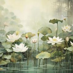 a painting of white water lilies in a pond