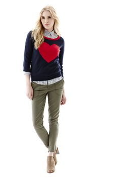 We love, love, love the whimsical touch of our heart sweater paired skinny chinos and ankle booties. Hellooo, Fall! Heart Sweater, Love Love Love, Fashion Lookbook, Dinnerware Set, Winter Looks