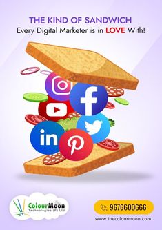 a sandwich with social icons on it and the caption's logo above it