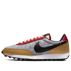 The Nike Daybreak QS 'Gold Suede' is a timeless classic, featuring a sleek silhouette and unique colorway. The shoe is crafted with a traditional Nike shape, a classic waffle sole, and fabric eyelets, all highlighted by the University Red hue. The fabric upper and gold suede overlays are complemented by a black Swoosh logo for a stylish finish. Perfect for everyday wear, the Nike Daybreak QS 'Gold Suede' is a timeless classic for women. (SNKR/Low Top/Women's) Nike Daybreak, Nike Gold, Marathon Running Shoes, Marathon Running, Marathon Training, Nike Womens, Running Shoes Sneakers, Nike Cortez Sneaker, Sportswear Women