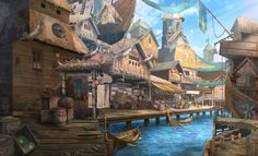 an image of a fantasy city with lots of buildings and boats on the water in front of them