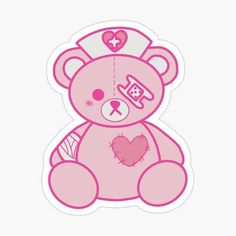 a pink teddy bear with a hat on it's head and hearts around its neck