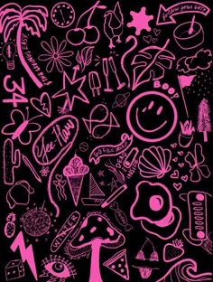 a black background with pink doodles and other things on it's back ground