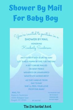 the shower by mail for baby boy is shown in this blue and white photo with text