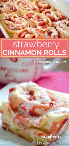 strawberry cinnamon rolls on a plate with the title overlaying it in pink and white