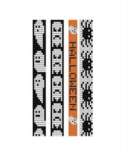 two cross stitched halloween bracelets with the words happy halloween written in black and orange